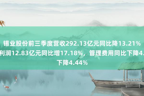 锡业股份前三季度营收292.13亿元同比降13.21%，净利润12.83亿元同比增17.18%，管理费用同比下降4.44%