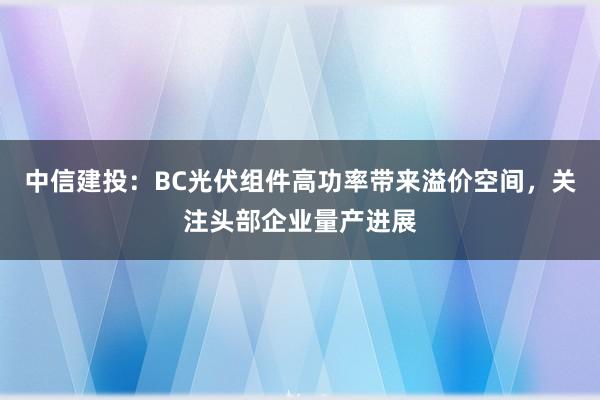 中信建投：BC光伏组件高功率带来溢价空间，关注头部企业量产进展